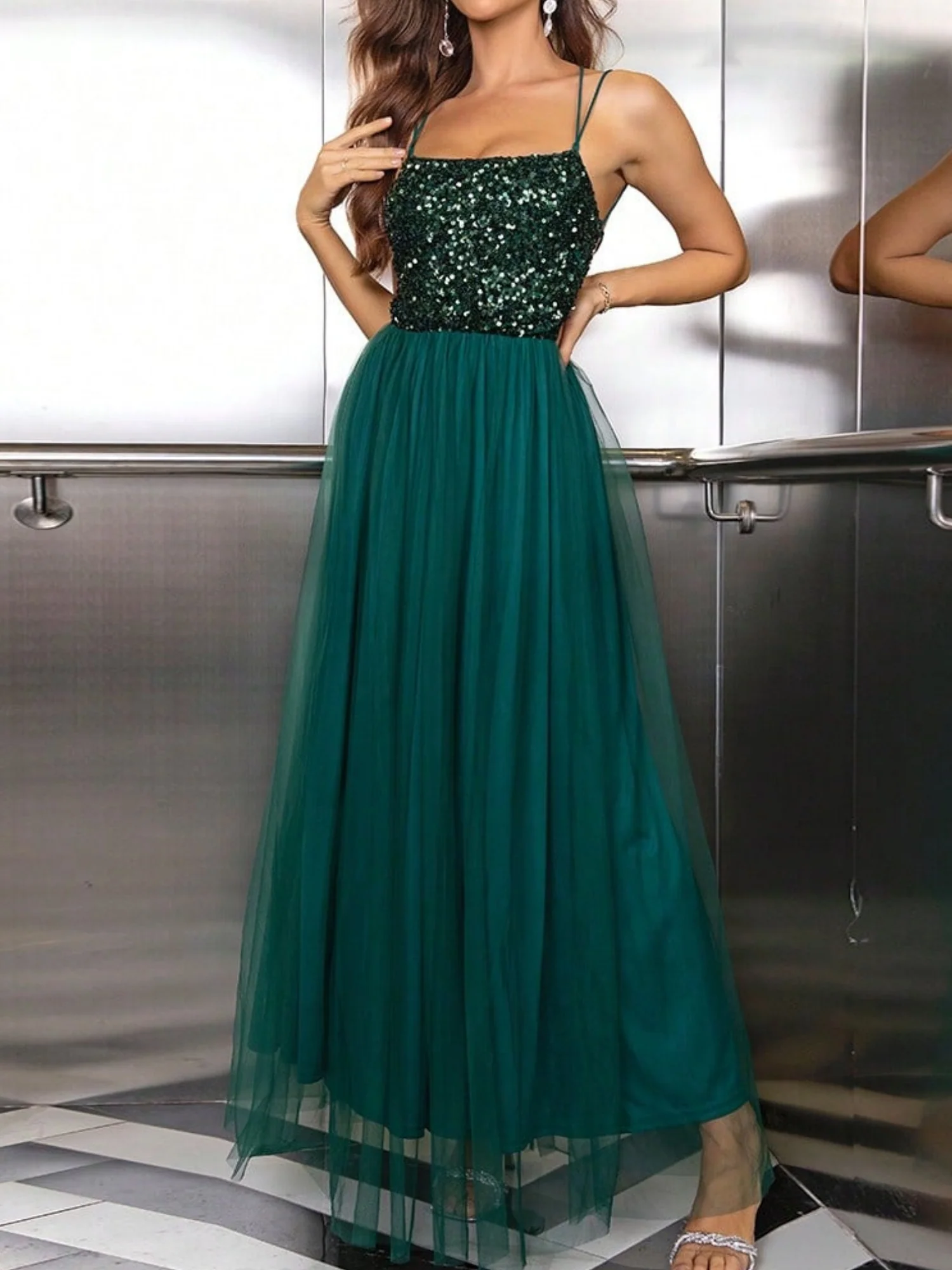 Sequins Mesh Splicing Suspenders Sweet Maxi Dresses - Image 11