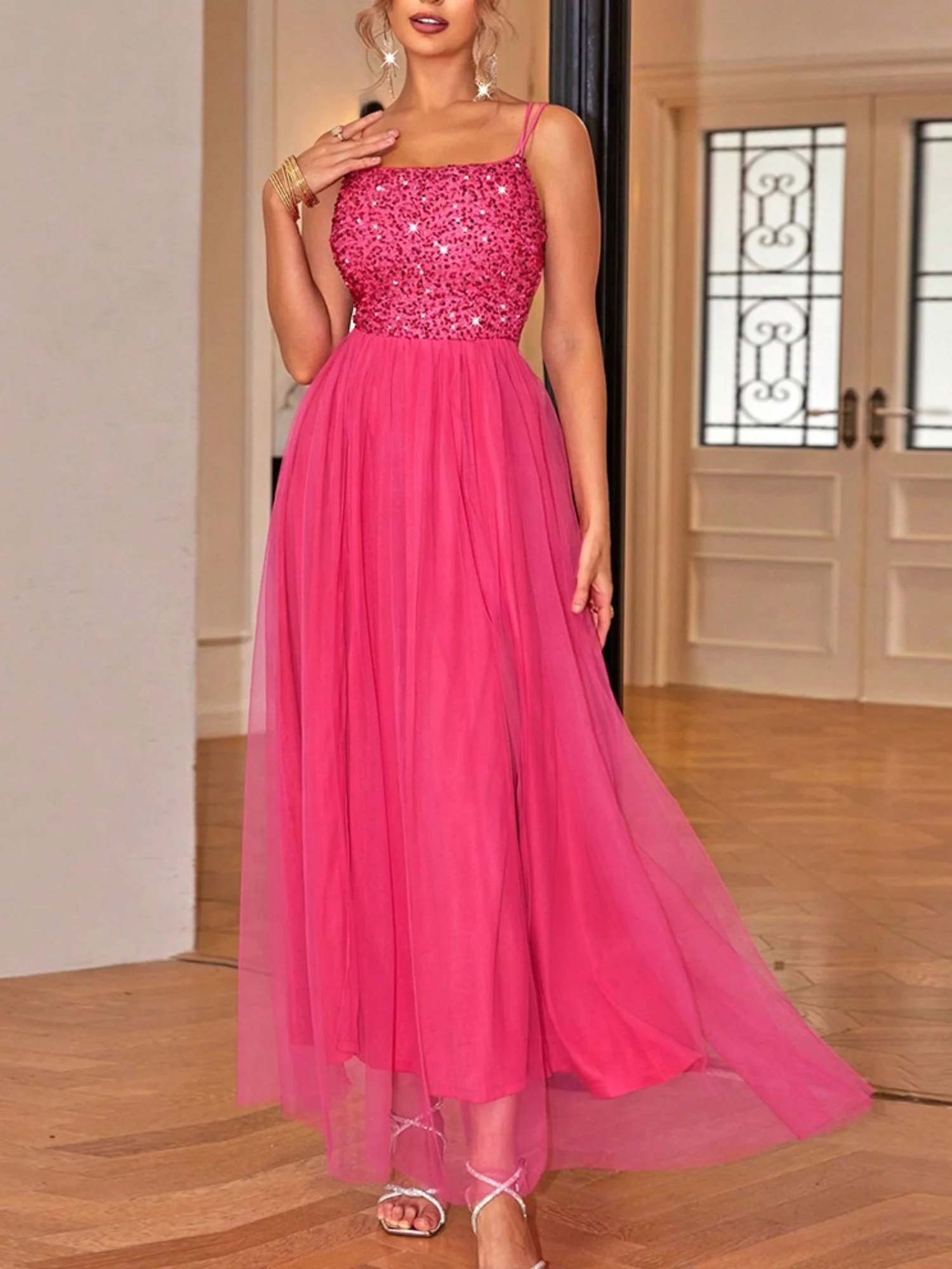 Sequins Mesh Splicing Suspenders Sweet Maxi Dresses - Image 12