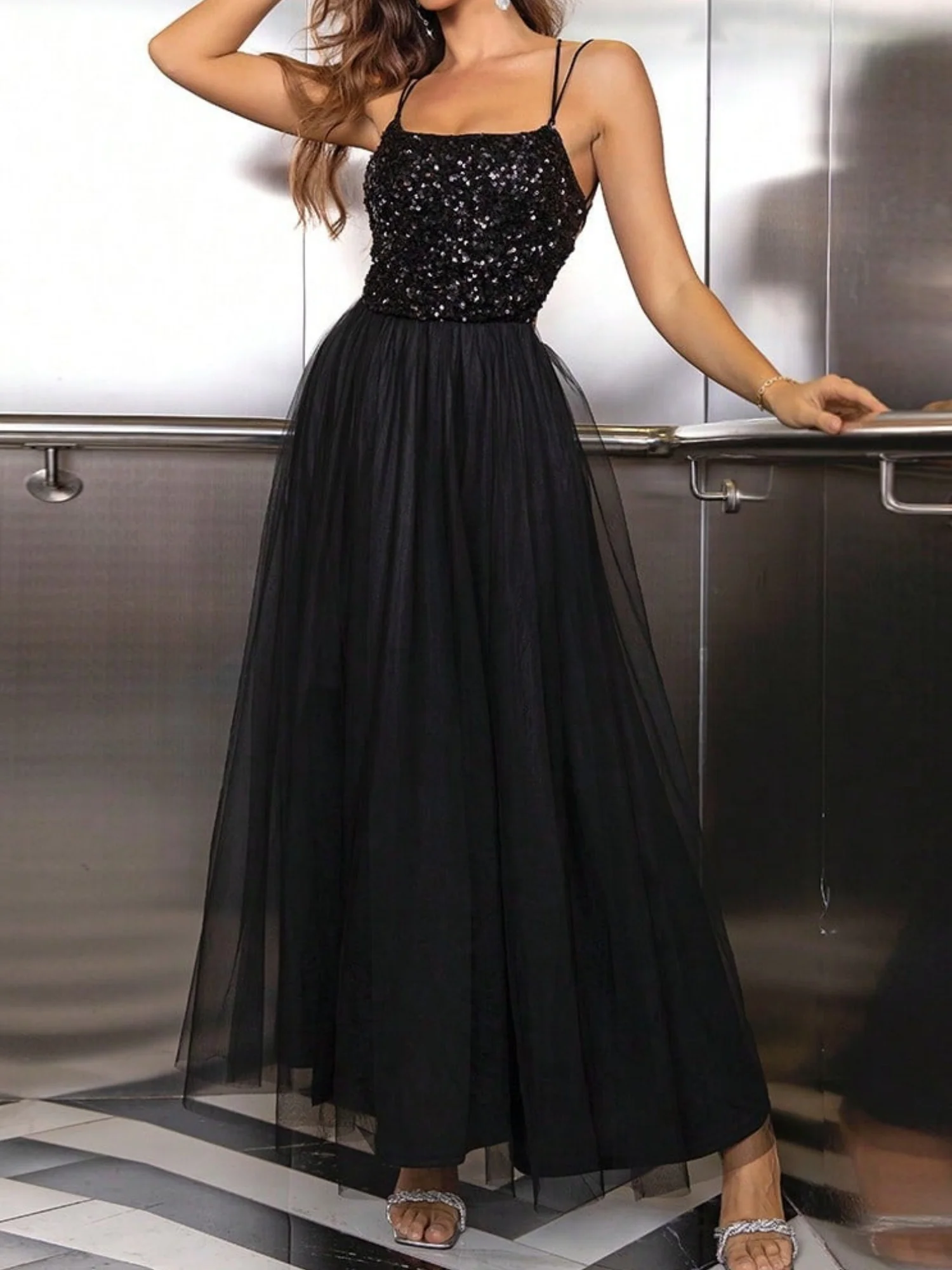 Sequins Mesh Splicing Suspenders Sweet Maxi Dresses - Image 5
