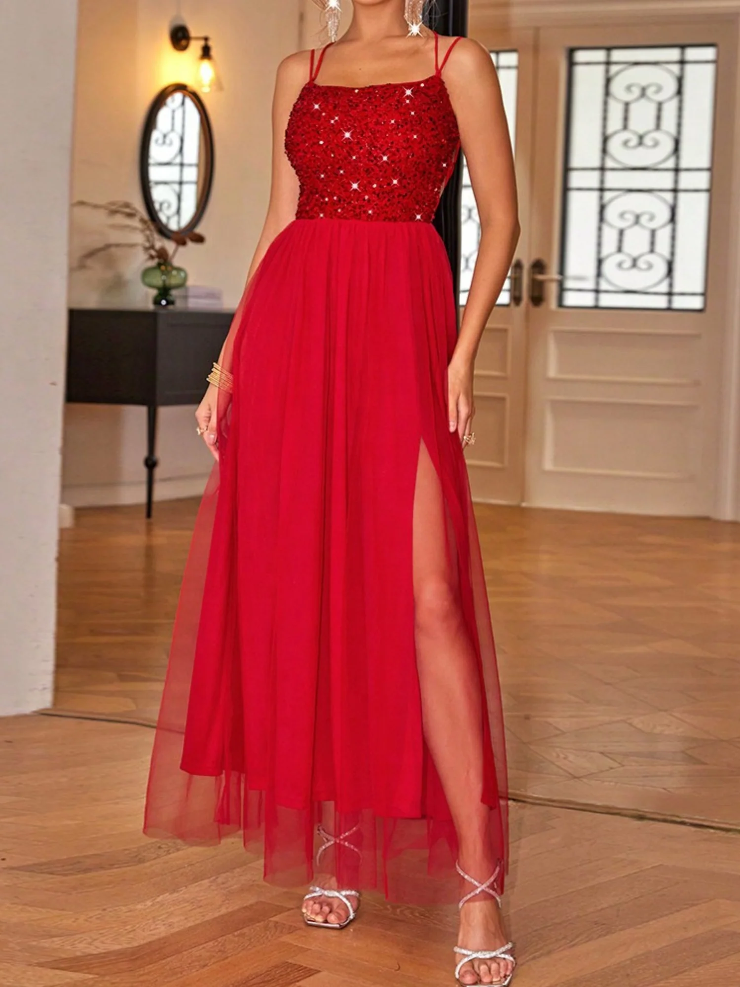 Sequins Mesh Splicing Suspenders Sweet Maxi Dresses - Image 6