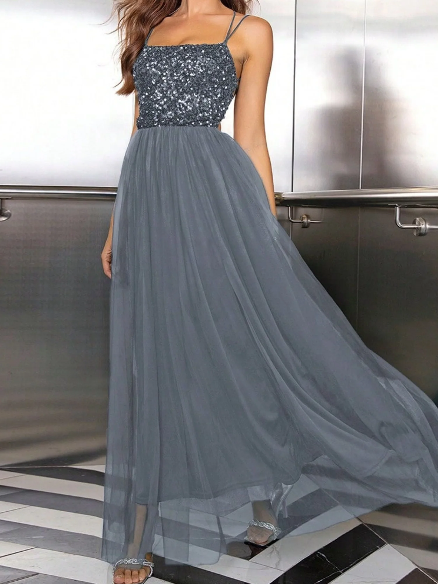 Sequins Mesh Splicing Suspenders Sweet Maxi Dresses - Image 8