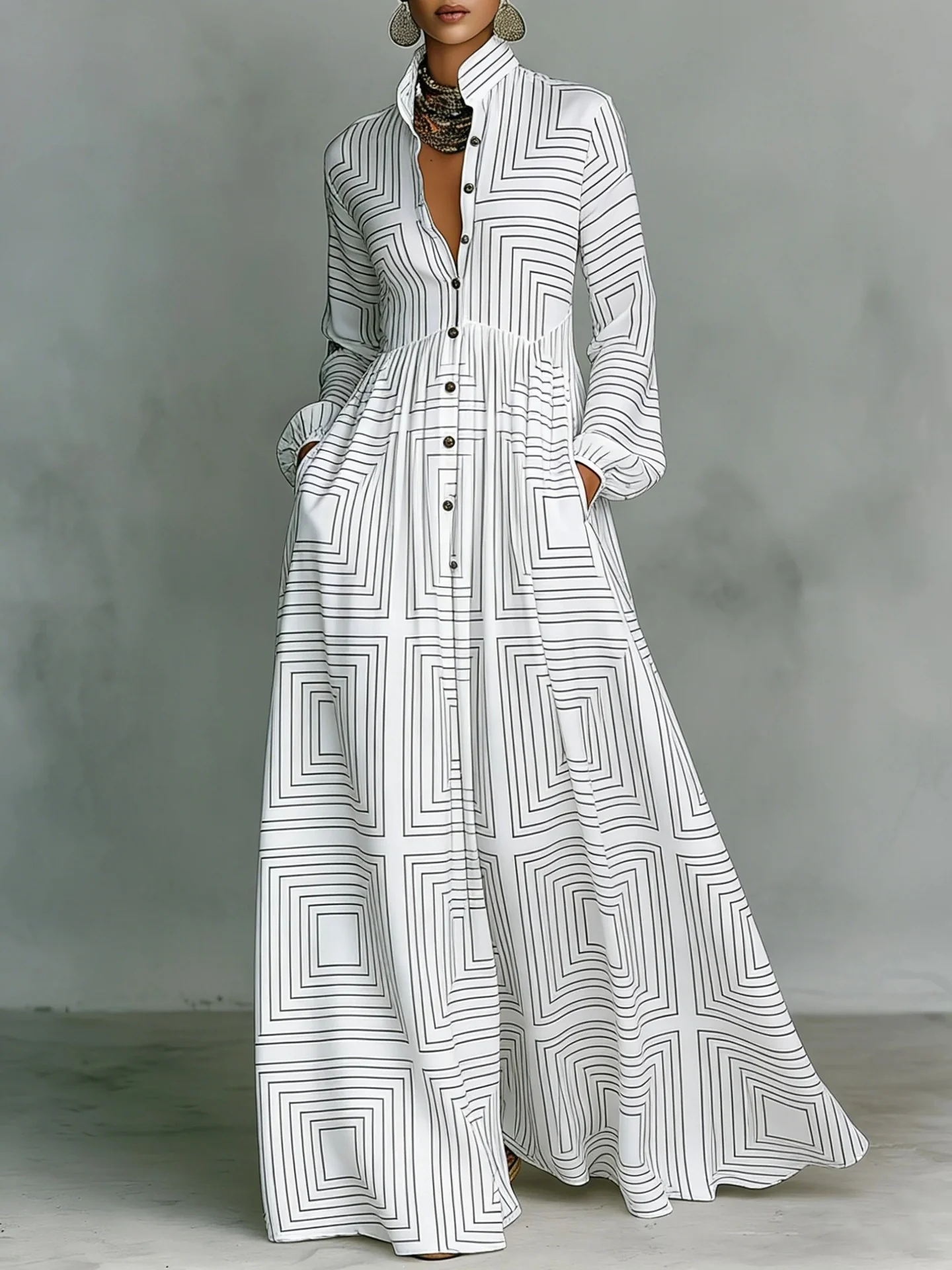 Long-sleeved Printed Maxi Dress - Image 2