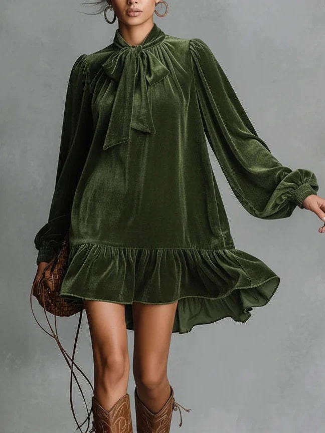 Velvet Bow Long-sleeved Short Dress - Image 2