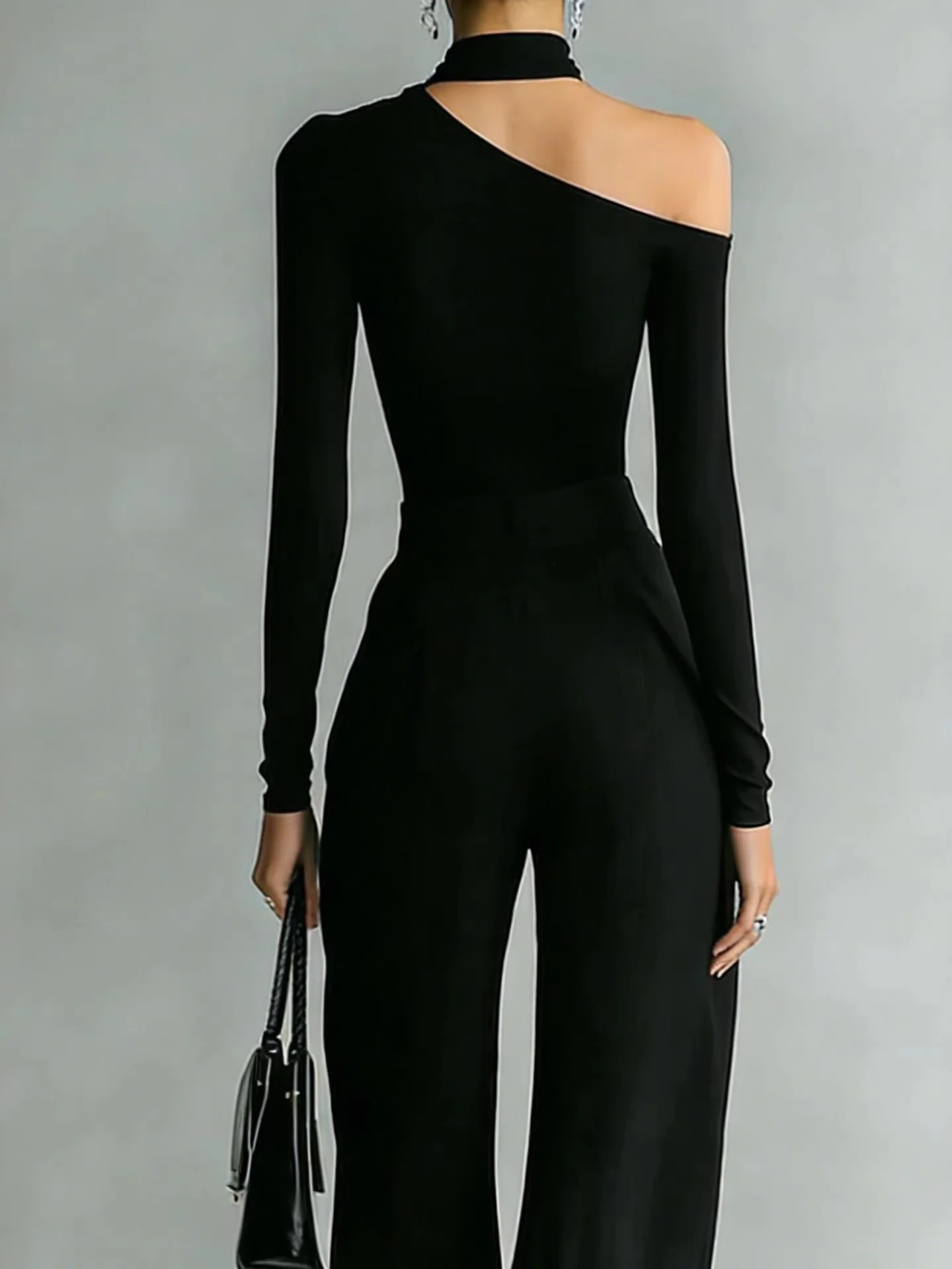 Black Double-zipper Trendy Off-shoulder Long-sleeved Top Two-piece Set - Image 2