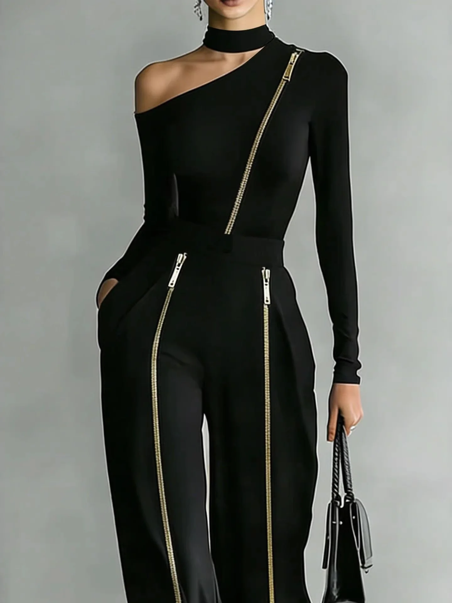 Black Double-zipper Trendy Off-shoulder Long-sleeved Top Two-piece Set - Image 3