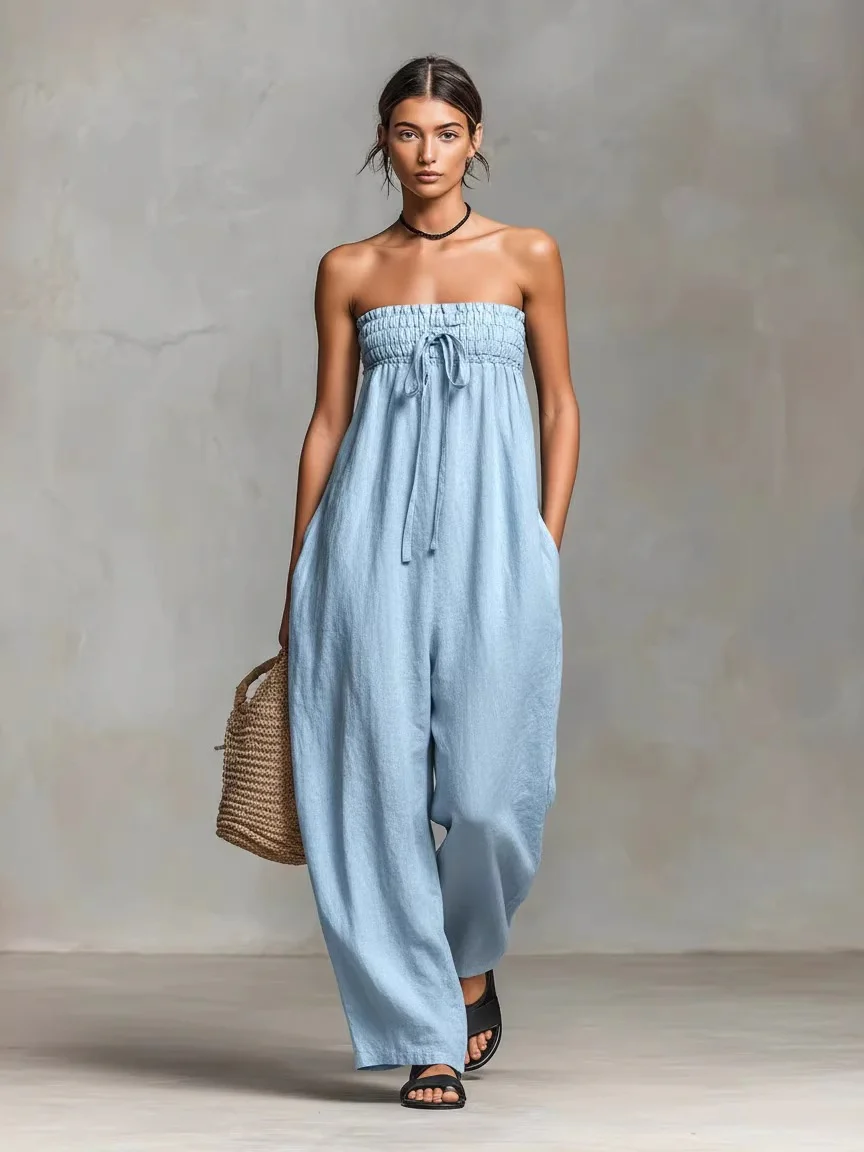 Simple Strapless Jumpsuit Made Of Cotton And Linen Blend - Image 4