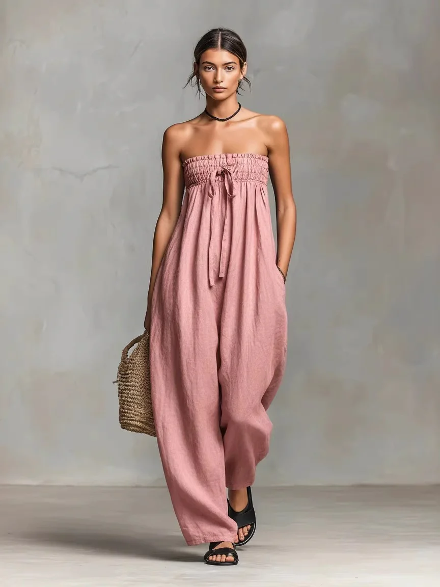 Simple Strapless Jumpsuit Made Of Cotton And Linen Blend - Image 5