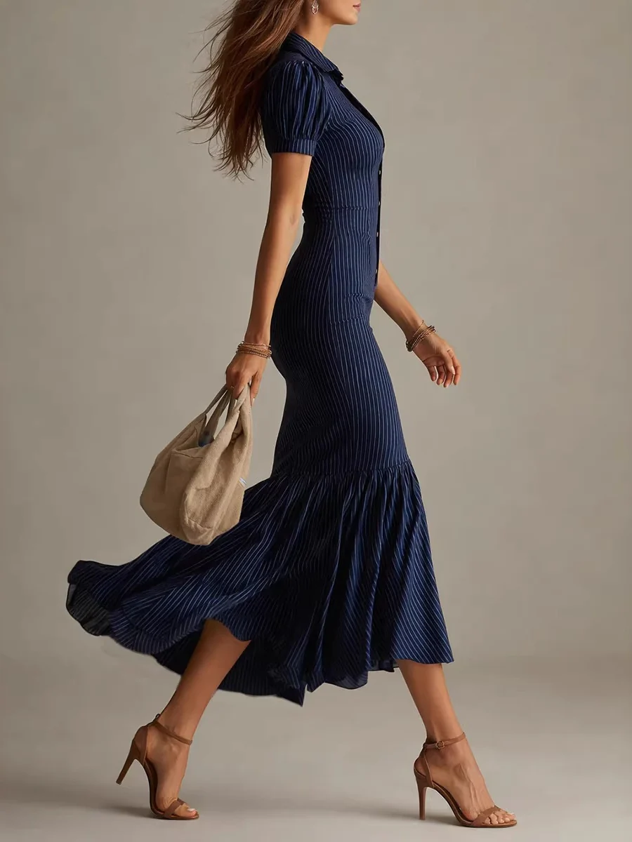 Casual Short-sleeved Striped Fishtail Maxi Dress - Image 3