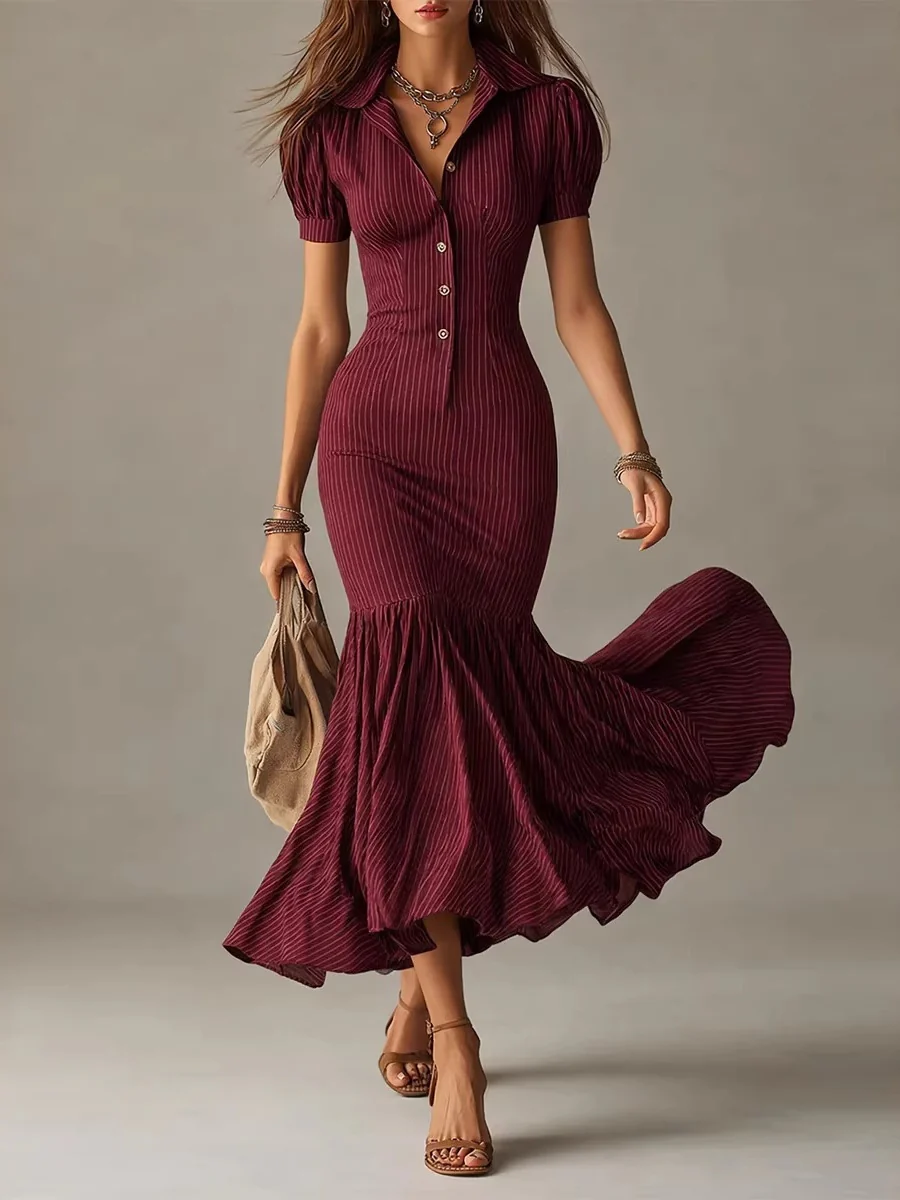 Casual Short-sleeved Striped Fishtail Maxi Dress - Image 4