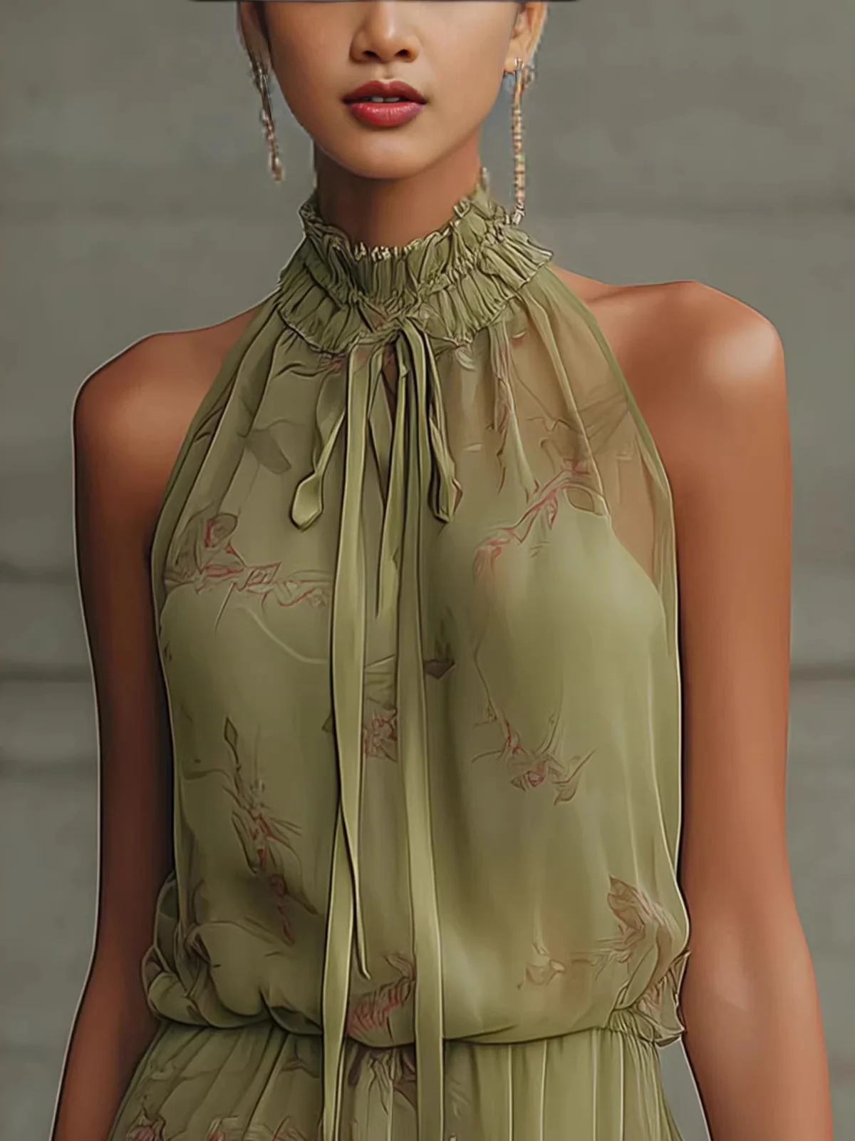 V-neck, Fitted Waist, Ruffled Midi Dress - Image 2