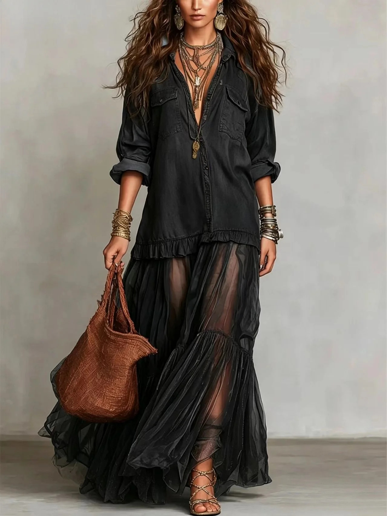 Retro-style Lapel Faux Denim Casual Long Dress With Pockets - Image 2