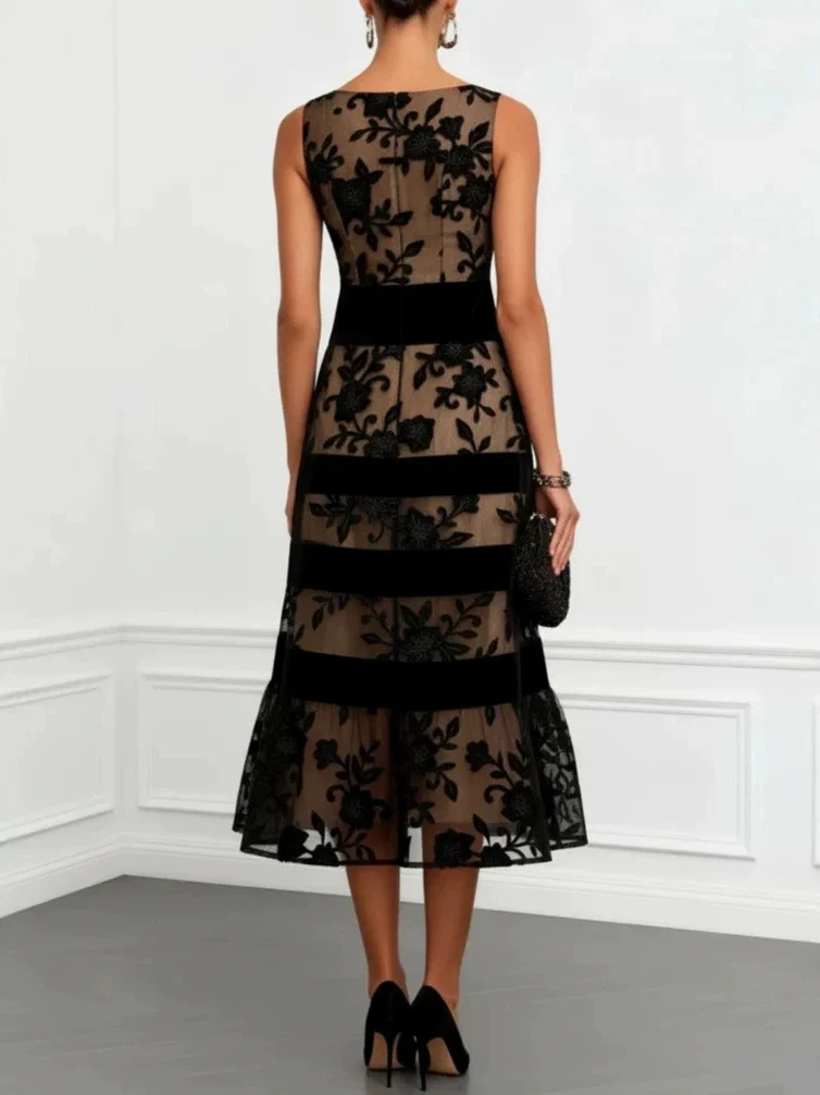 Black Mesh Flocked Jacquard Patchwork Slim-fit Midi Dress - Image 2