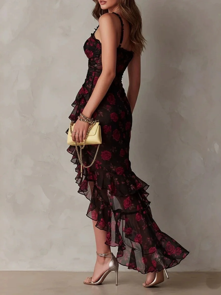 Black Floral Print Irregular Ruffled Spaghetti Strap Maxi Dress - Image 2