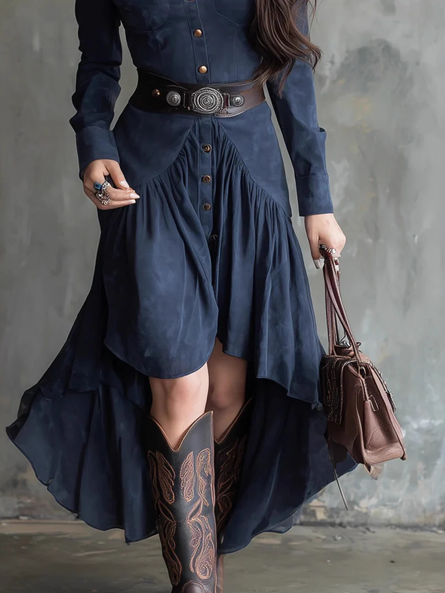 Suede High-waisted Maxi Dress With A Belt - Image 3