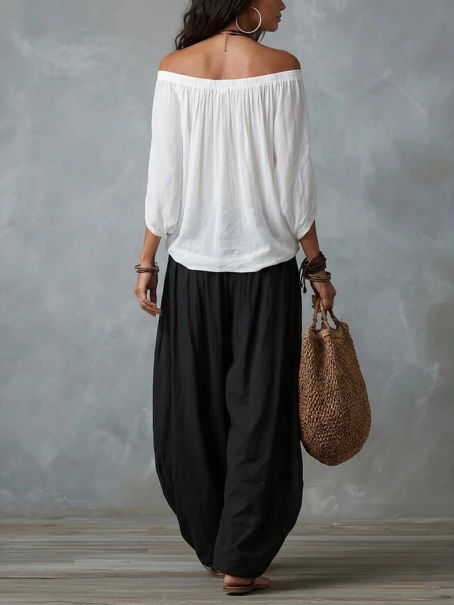 Off-the-shoulder T-shirt And Wide-leg Pants Two-piece Set - Image 2