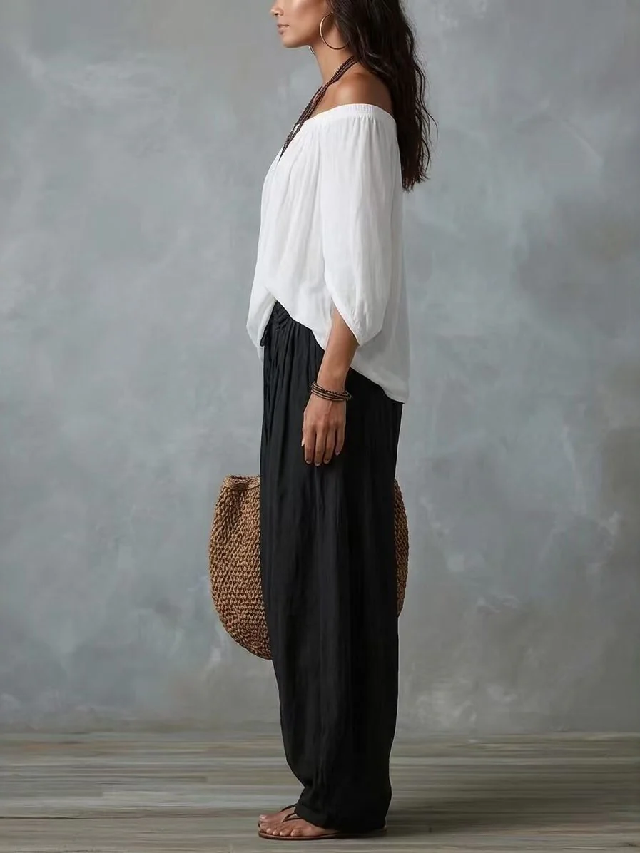 Off-the-shoulder T-shirt And Wide-leg Pants Two-piece Set - Image 3