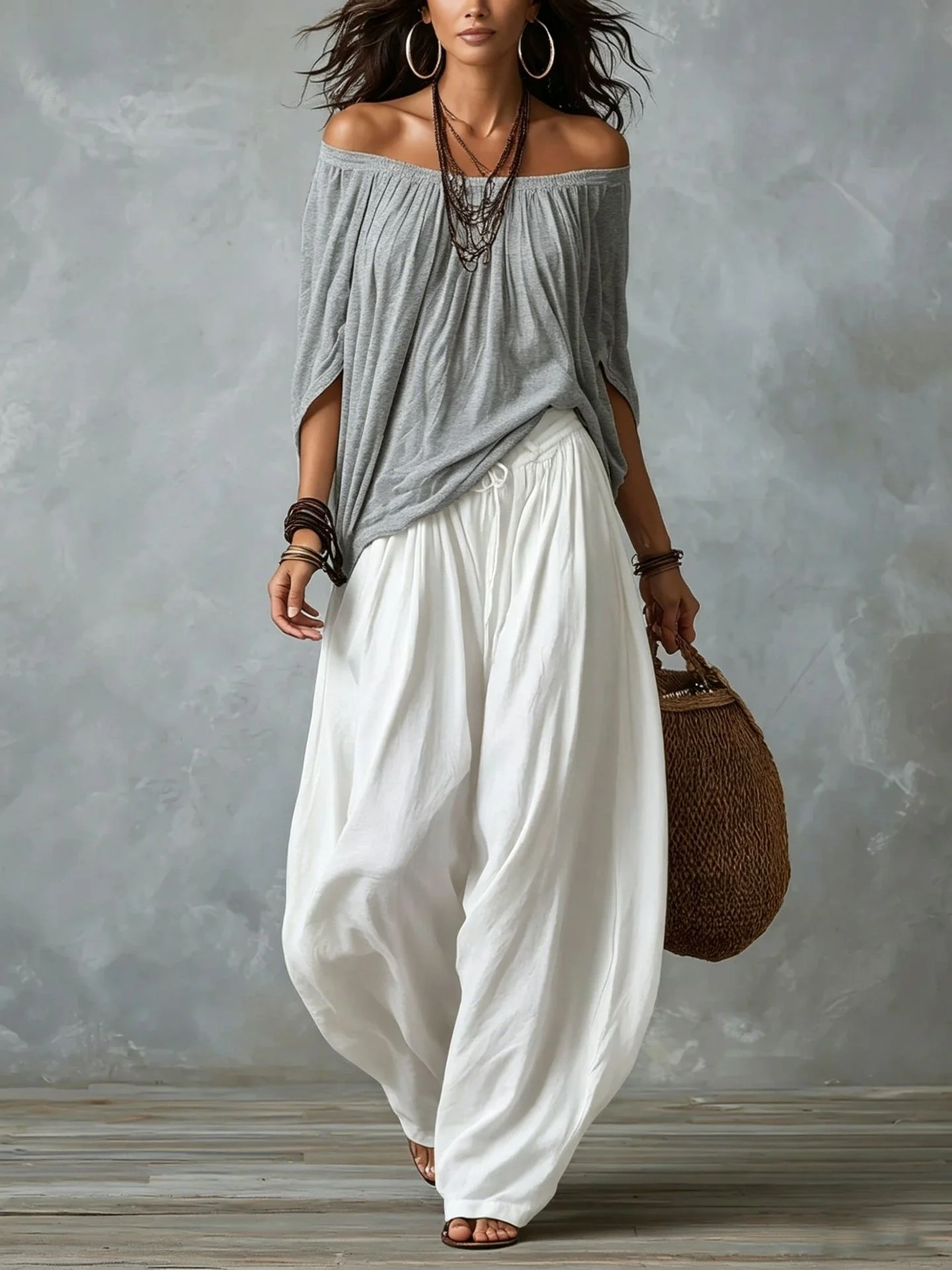 Off-the-shoulder T-shirt And Wide-leg Pants Two-piece Set - Image 4