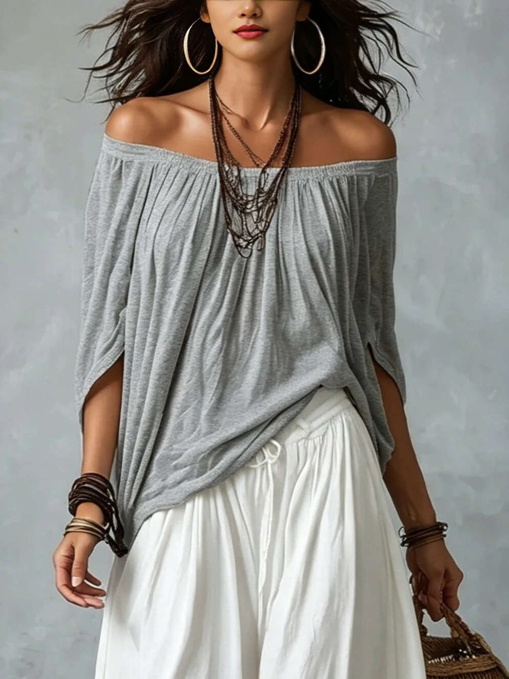 Off-the-shoulder T-shirt And Wide-leg Pants Two-piece Set - Image 5