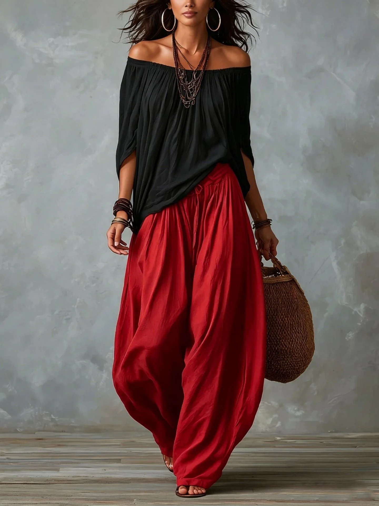 Off-the-shoulder T-shirt And Wide-leg Pants Two-piece Set - Image 6