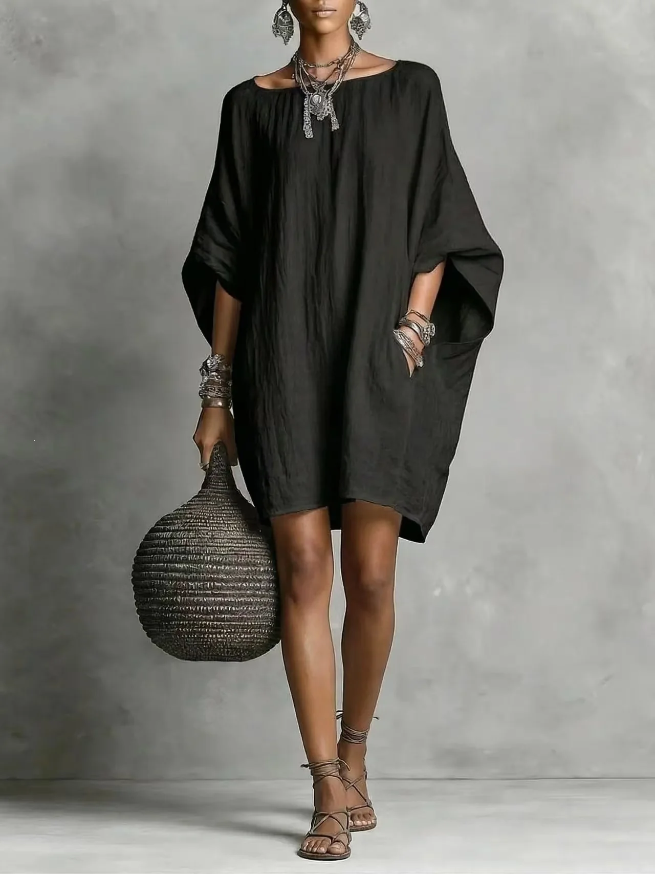 Linen-style Batwing Top, Loose-fitting Midi Dress - Image 3