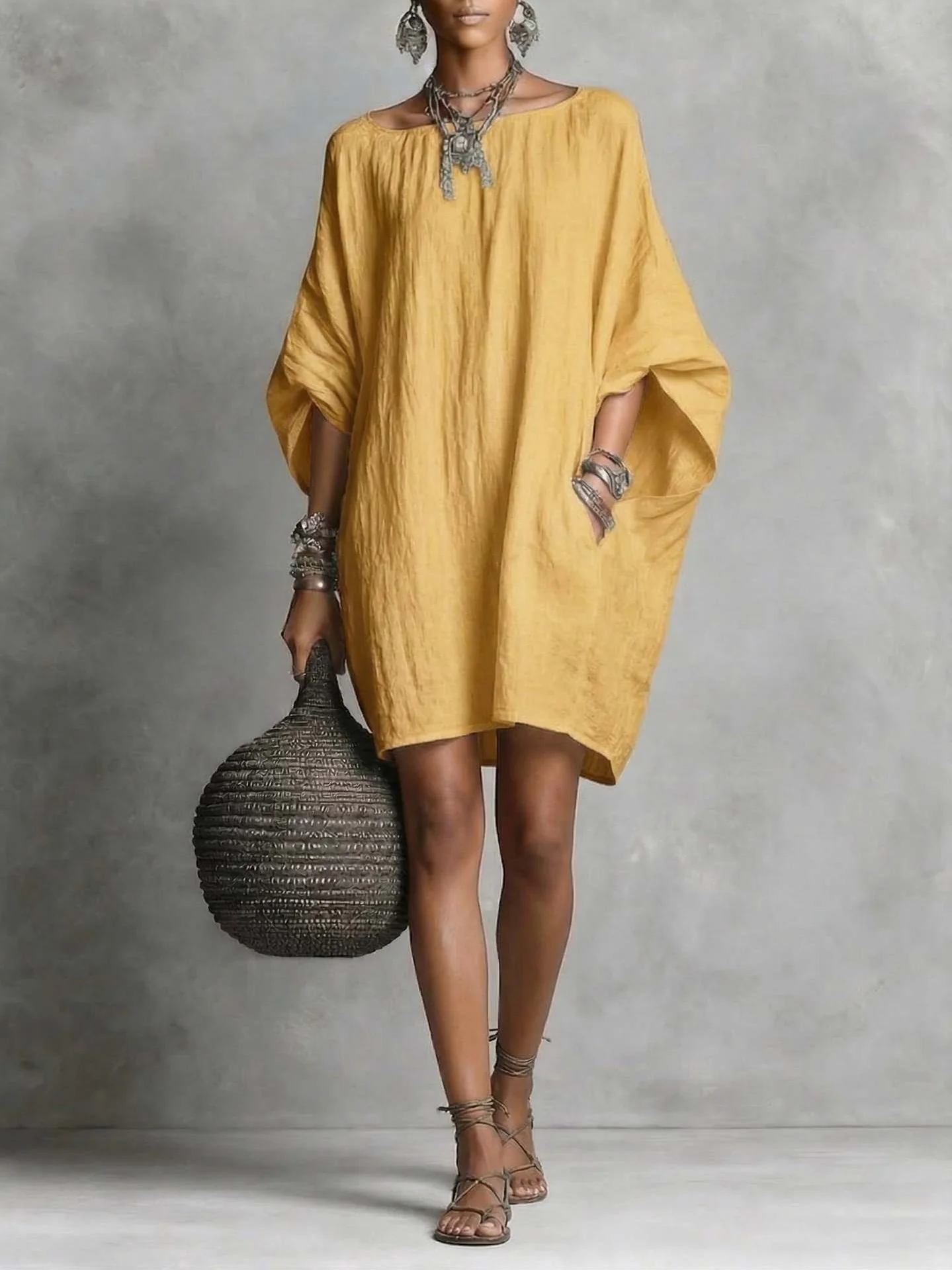 Linen-style Batwing Top, Loose-fitting Midi Dress - Image 4