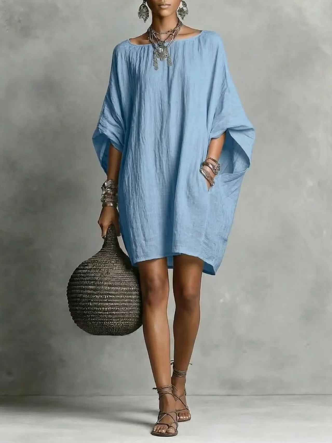 Linen-style Batwing Top, Loose-fitting Midi Dress - Image 5