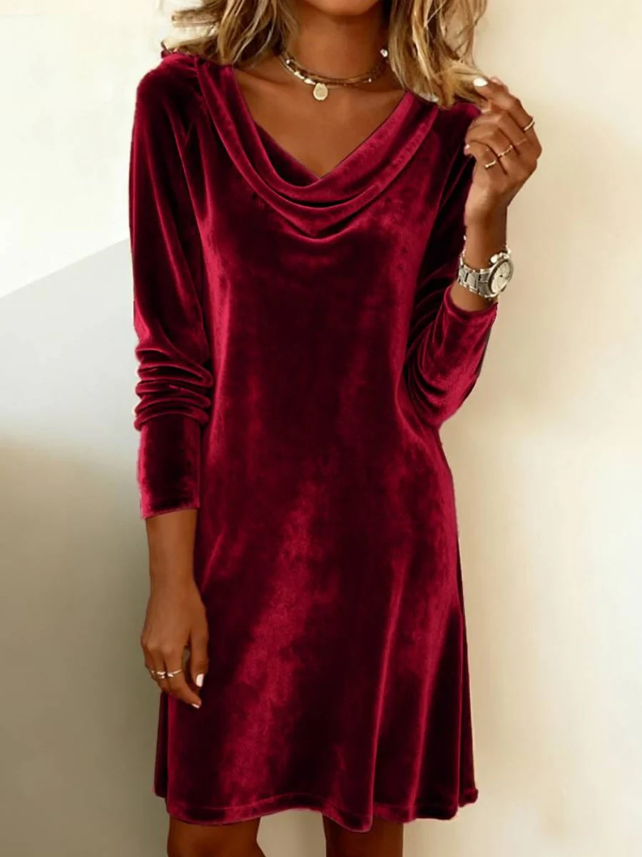 Velvet Swing Collar Long Sleeve Mini&Short Dresses - Image 4