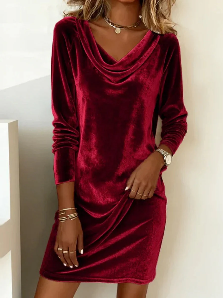 Velvet Swing Collar Long Sleeve Mini&Short Dresses - Image 5