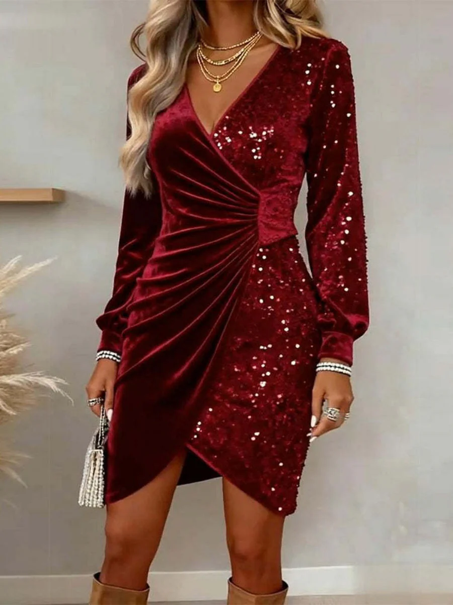V-neck Sequin Velvet Splicing Slim Fit Mini&Short Dresses - Image 4