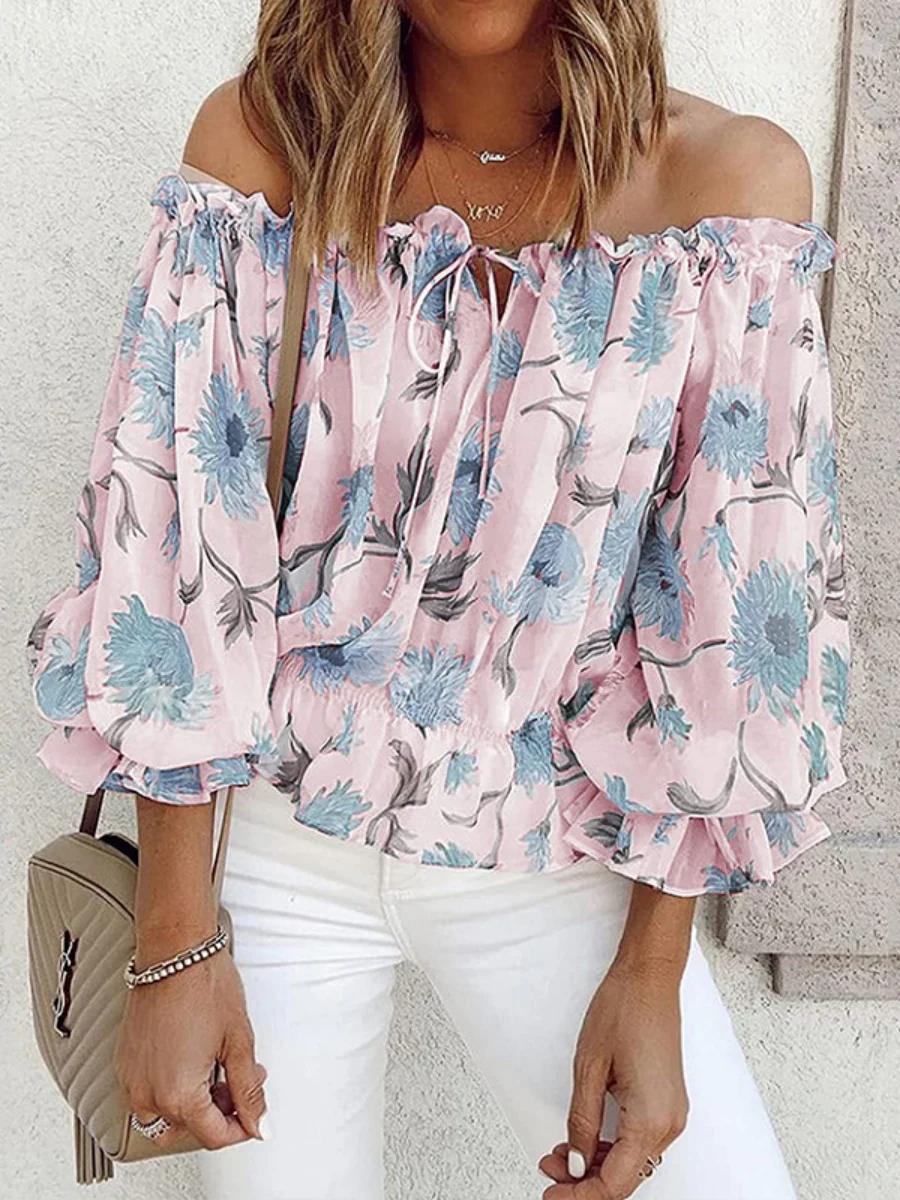 Floral Print Off-Shoulder Chiffon T-Shirt - Image 3