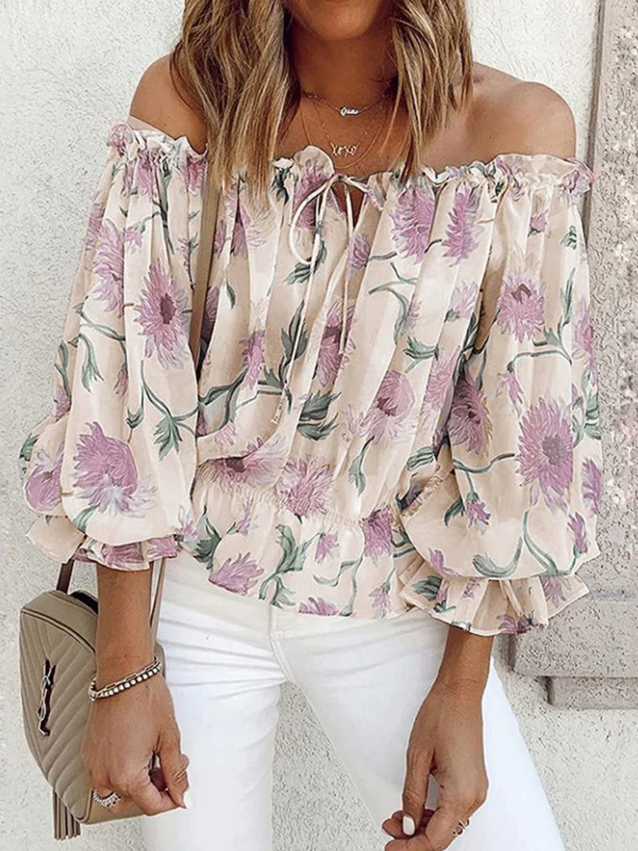 Floral Print Off-Shoulder Chiffon T-Shirt - Image 4