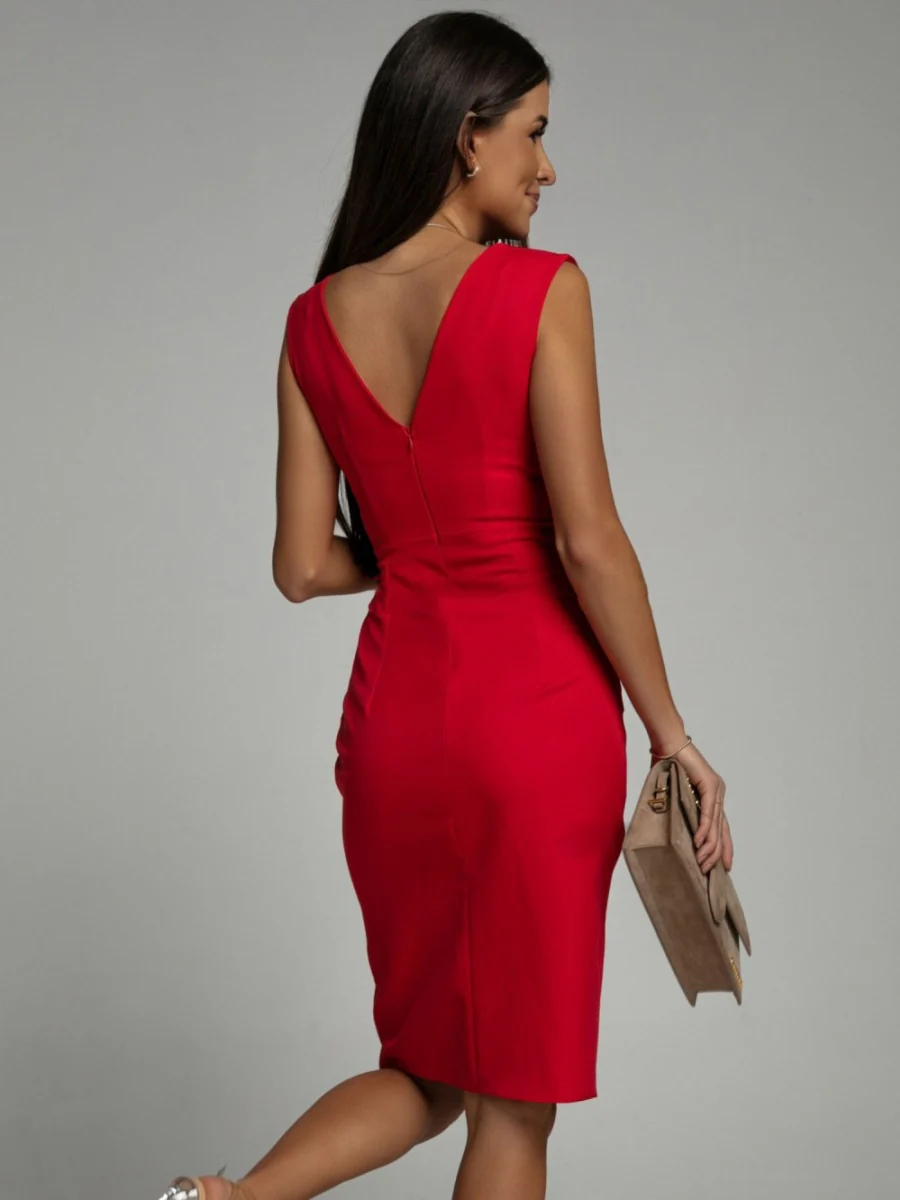 V-neck Sleeveless High-waisted Slit Dress Pleated Solid Color Short Dress - Image 2