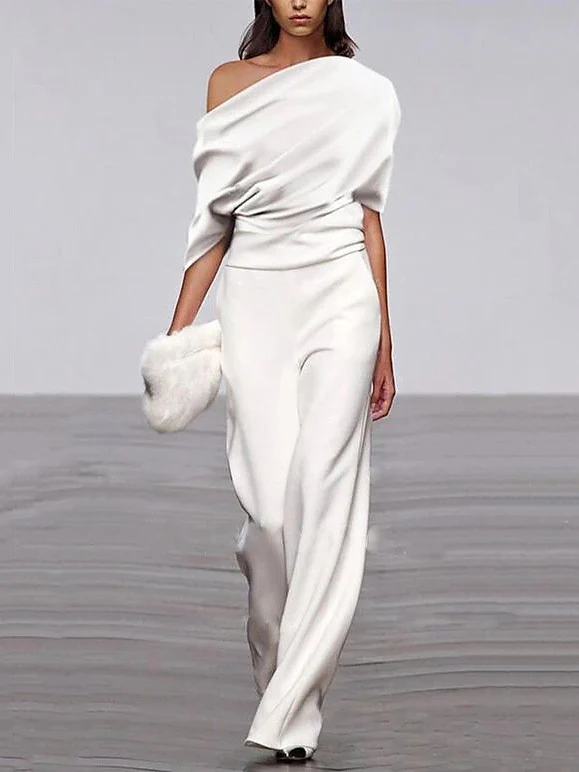 One-shoulder Short-sleeved Pleated Jumpsuit - Image 2