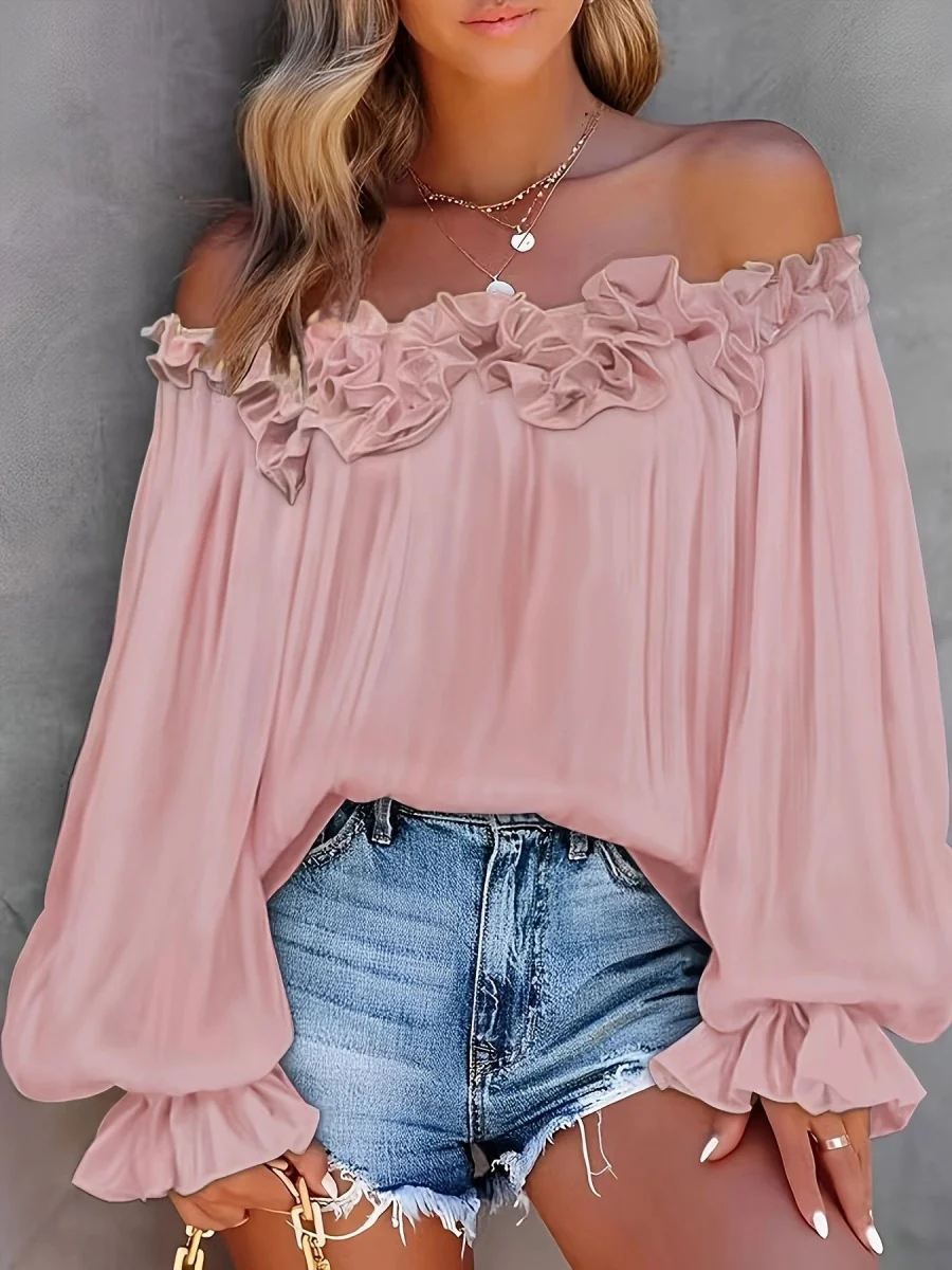 Casual Off-shoulder Ruffle Sleeves T-shirts - Image 5