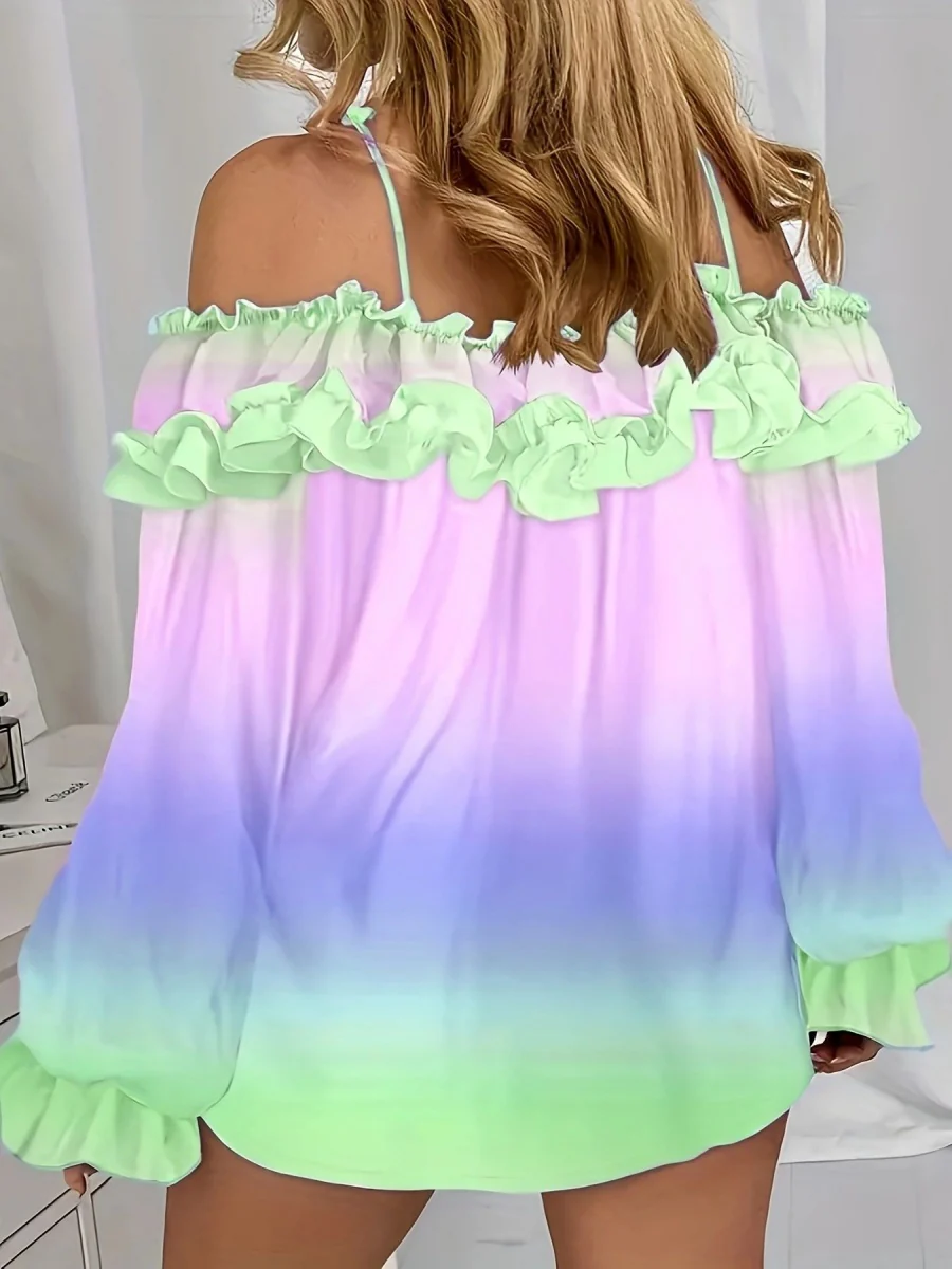 Off-shoulder Color-blocked Gradient Lace T-shirt - Image 2