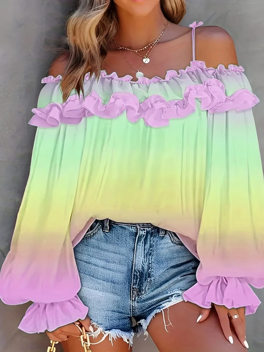 Off-shoulder Color-blocked Gradient Lace T-shirt - Image 3