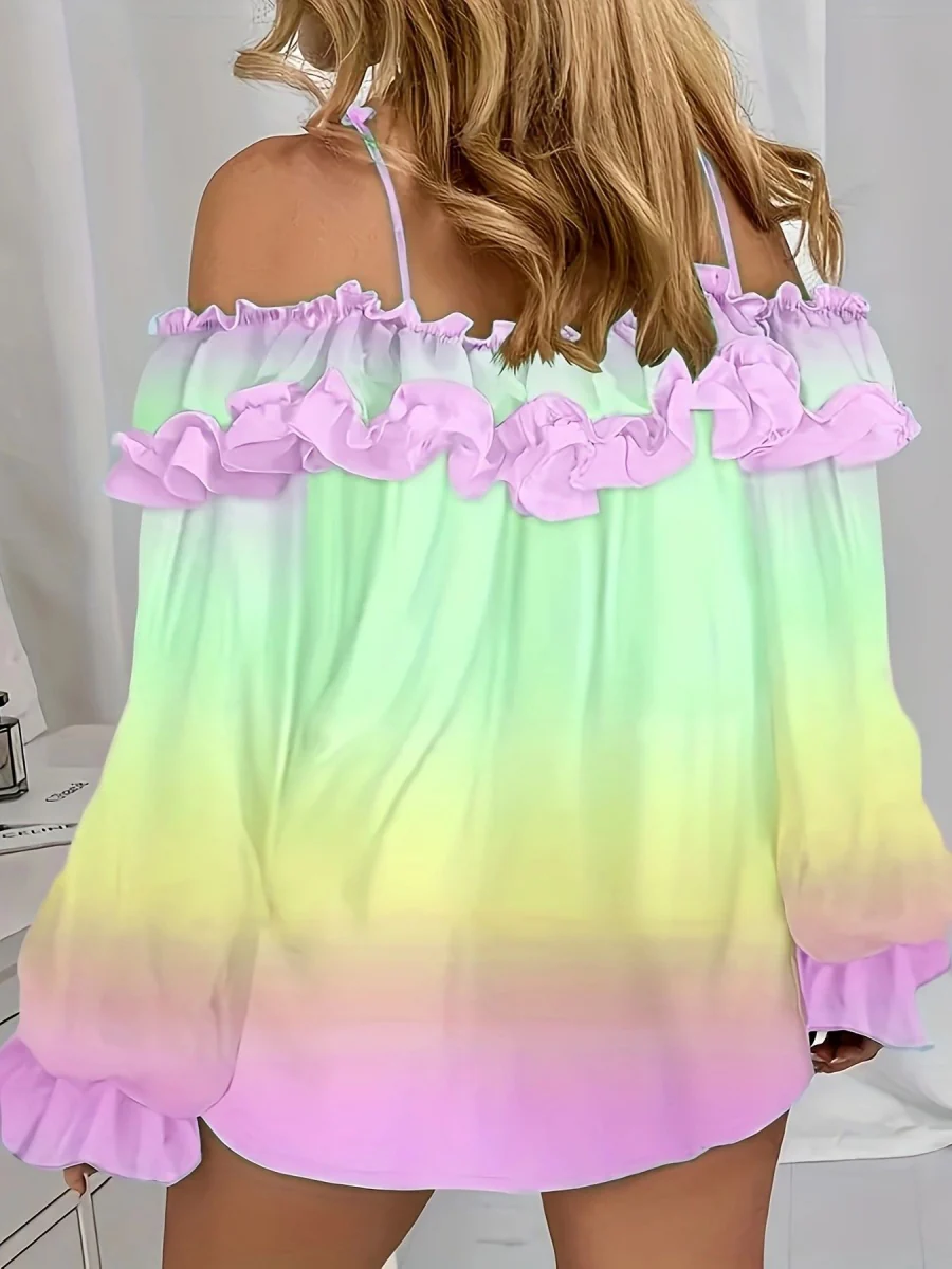 Off-shoulder Color-blocked Gradient Lace T-shirt - Image 4