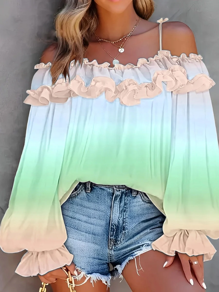 Off-shoulder Color-blocked Gradient Lace T-shirt - Image 5
