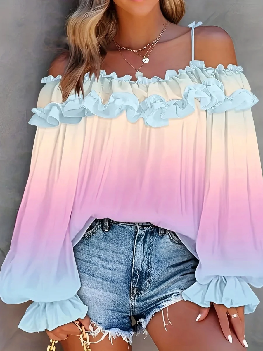 Off-shoulder Color-blocked Gradient Lace T-shirt - Image 7