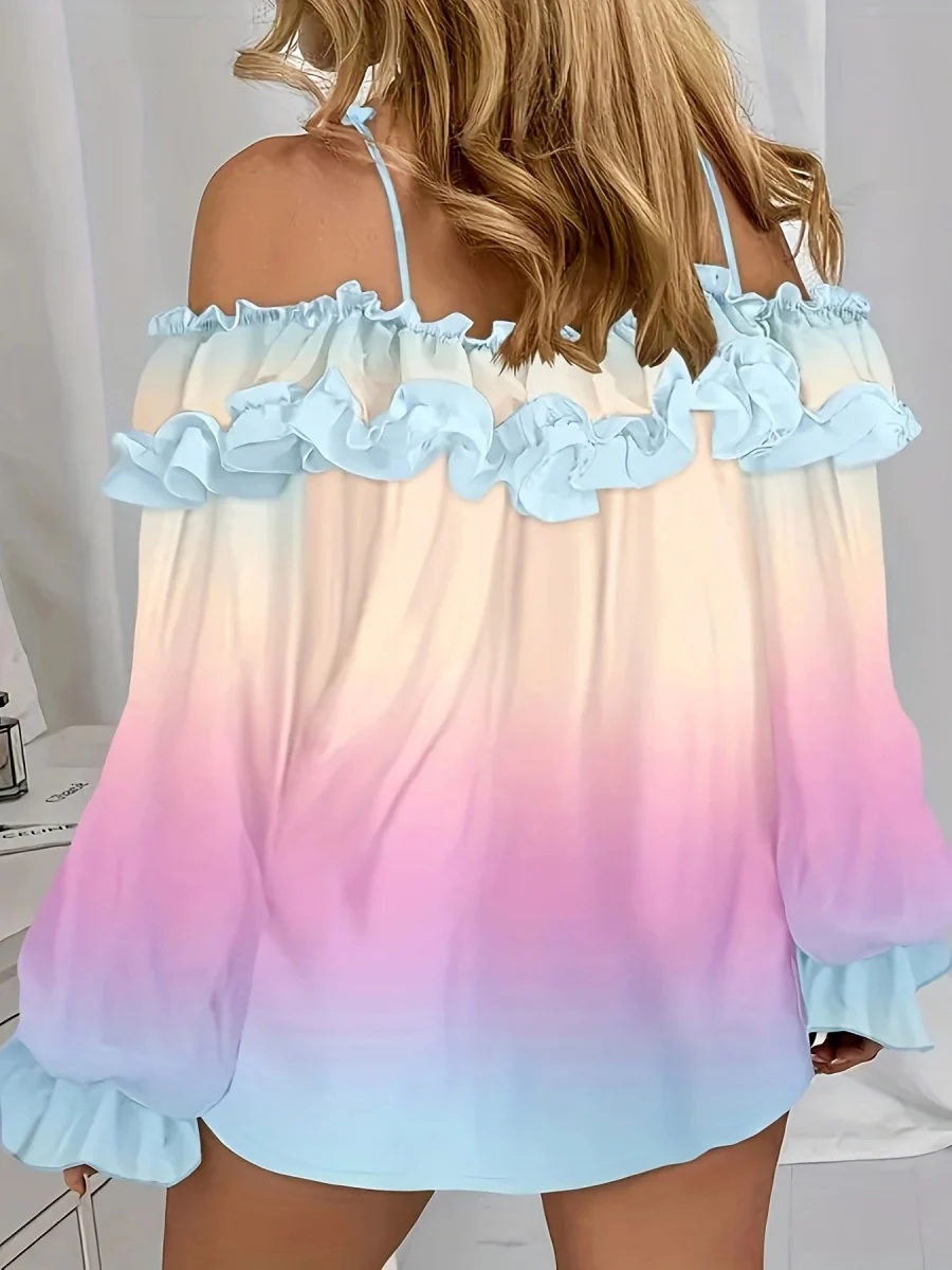 Off-shoulder Color-blocked Gradient Lace T-shirt - Image 8