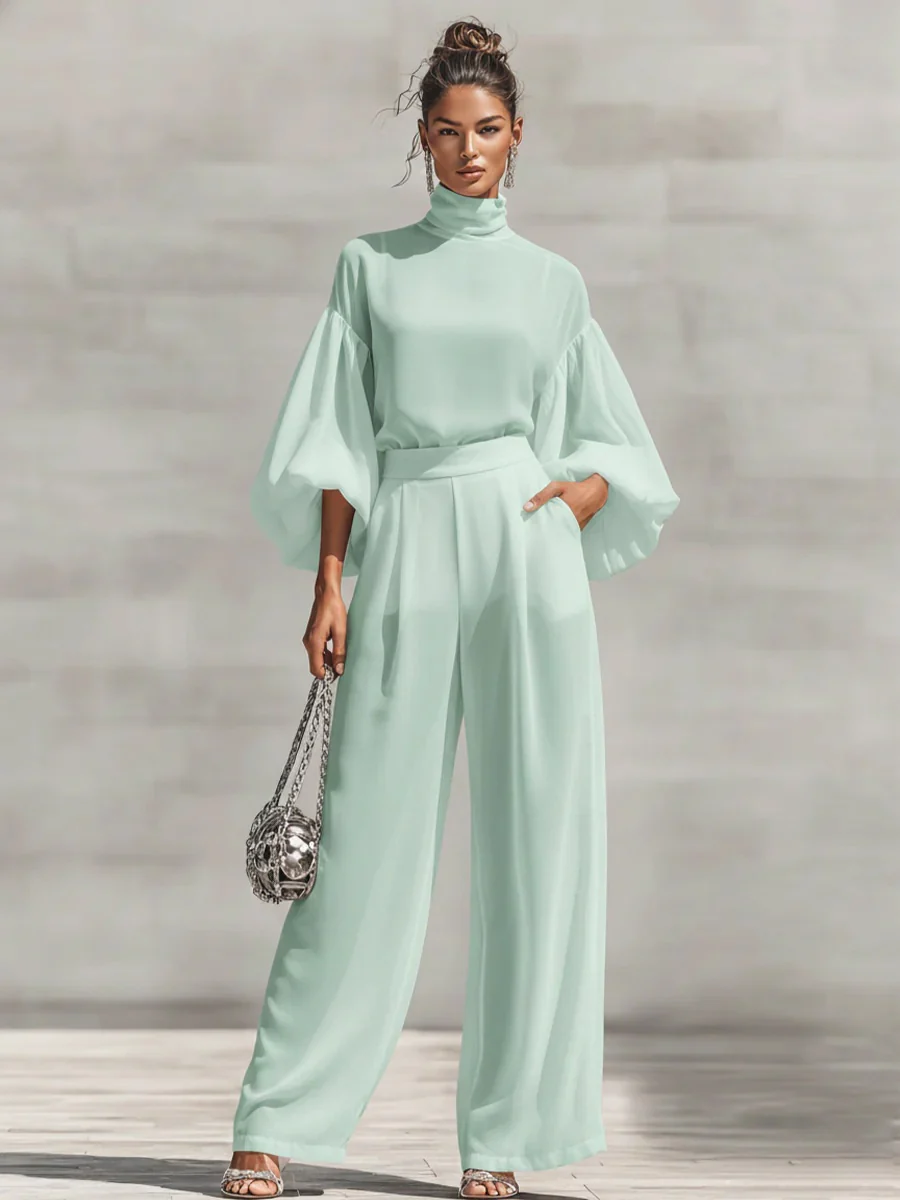 Chiffon Stand-up Collar Puff Sleeve High-waisted Draped Wide-leg Pants Two-piece Set