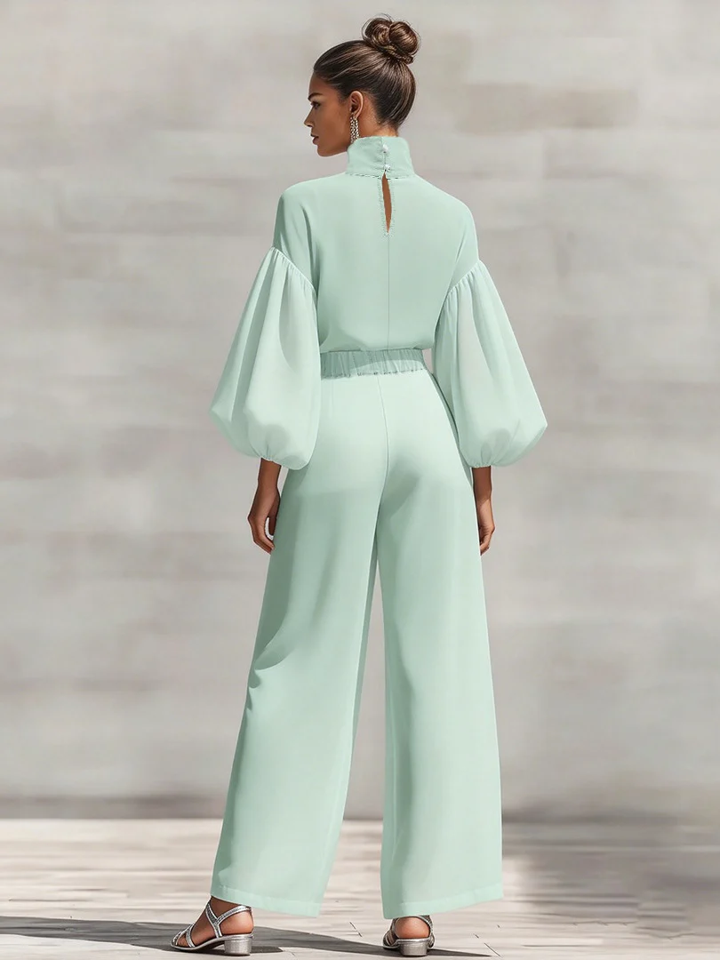 Chiffon Stand-up Collar Puff Sleeve High-waisted Draped Wide-leg Pants Two-piece Set - Image 3