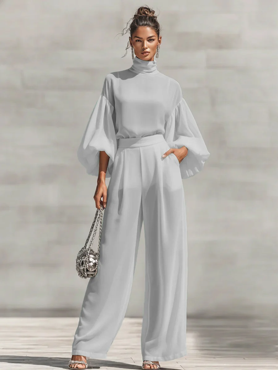 Chiffon Stand-up Collar Puff Sleeve High-waisted Draped Wide-leg Pants Two-piece Set - Image 4