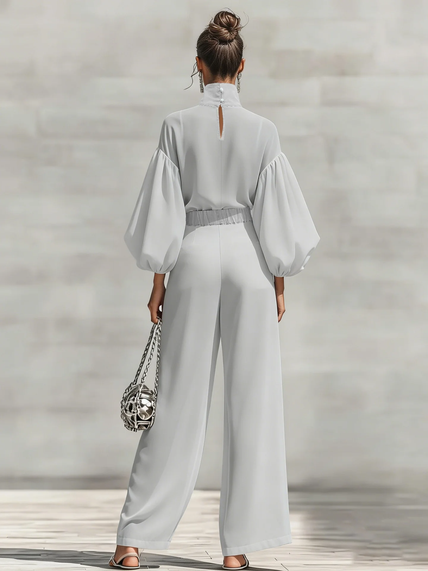 Chiffon Stand-up Collar Puff Sleeve High-waisted Draped Wide-leg Pants Two-piece Set - Image 5