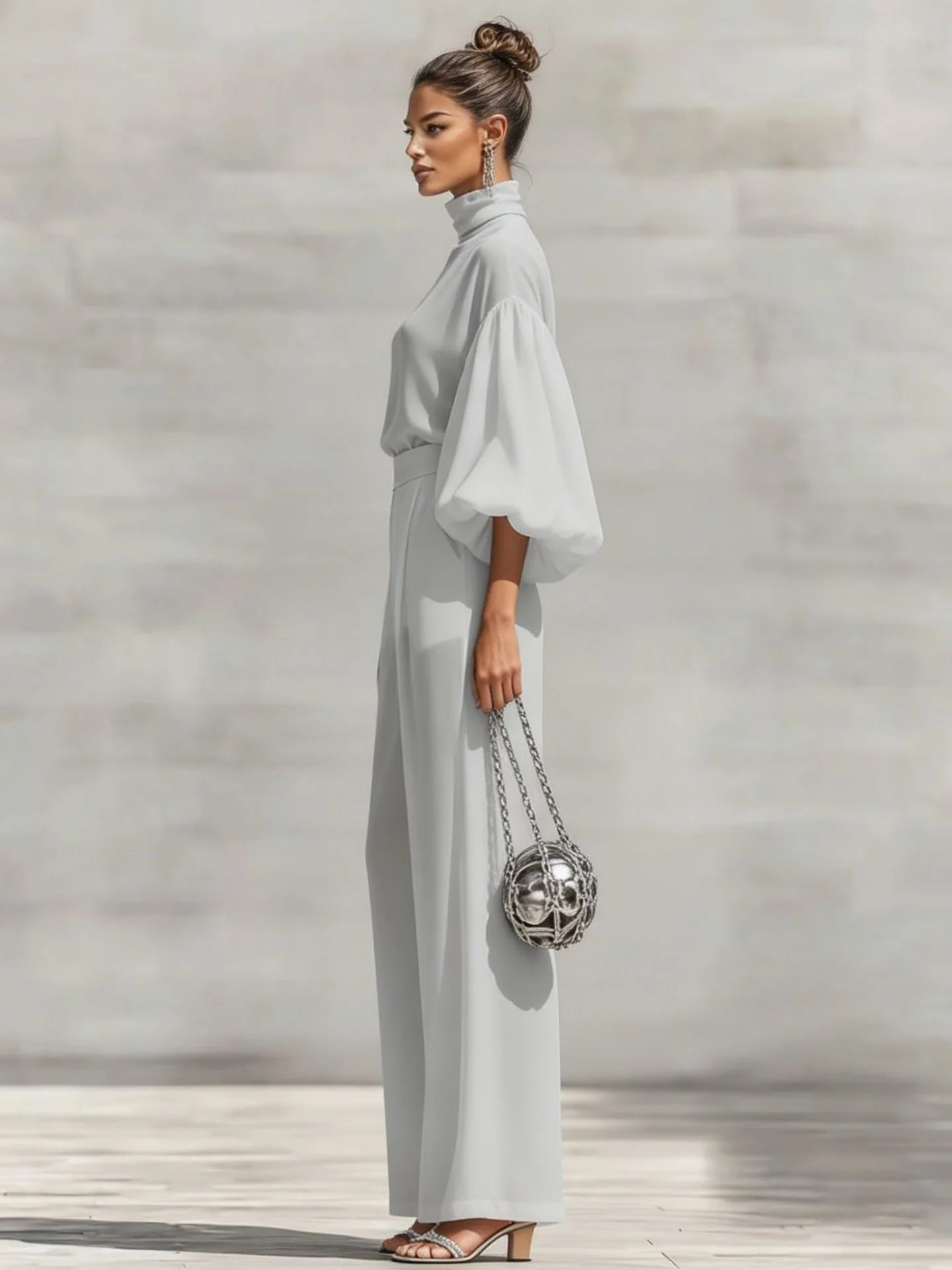 Chiffon Stand-up Collar Puff Sleeve High-waisted Draped Wide-leg Pants Two-piece Set - Image 6