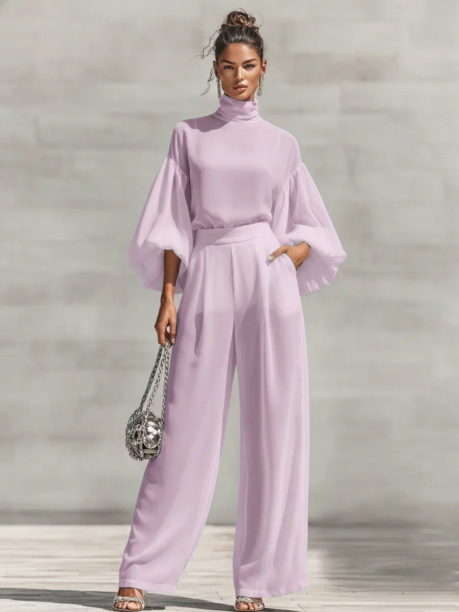 Chiffon Stand-up Collar Puff Sleeve High-waisted Draped Wide-leg Pants Two-piece Set - Image 7