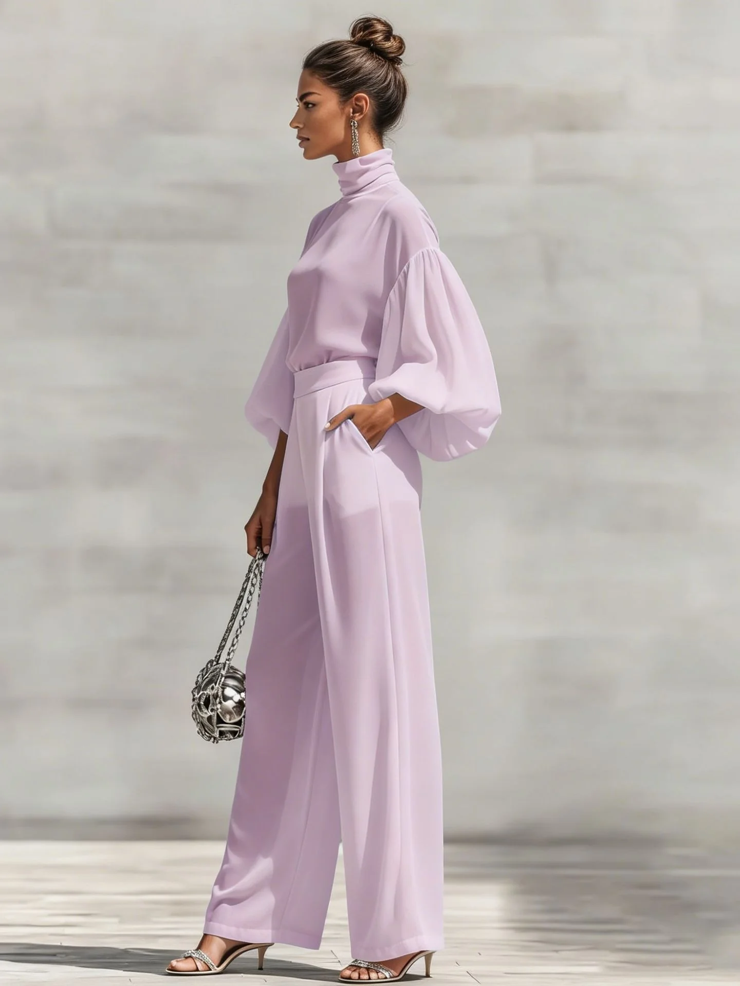 Chiffon Stand-up Collar Puff Sleeve High-waisted Draped Wide-leg Pants Two-piece Set - Image 8