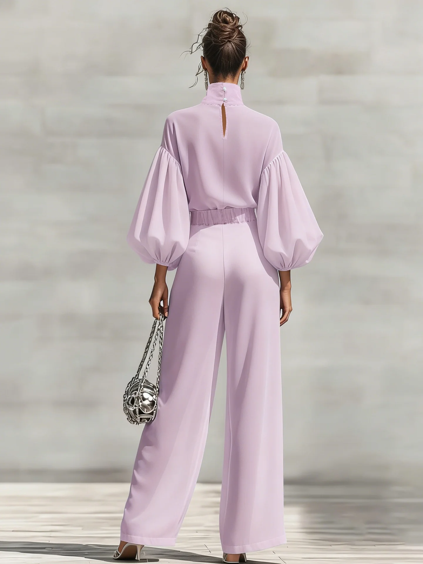 Chiffon Stand-up Collar Puff Sleeve High-waisted Draped Wide-leg Pants Two-piece Set - Image 9