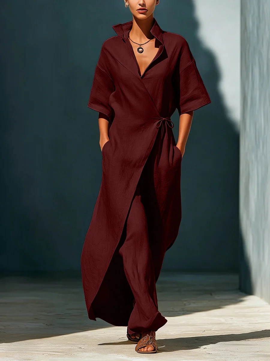 Casual V-neck Short-sleeved Tie-waist Solid Color Maxi Dresses - Image 10
