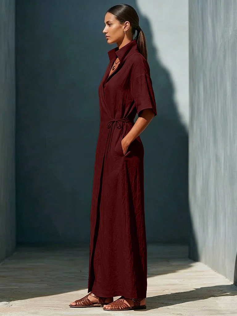 Casual V-neck Short-sleeved Tie-waist Solid Color Maxi Dresses - Image 11